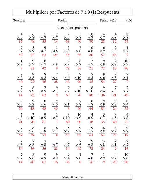La hoja de ejercicios de Multiplicar (Factores de 1 a 10) por Factores de 7 a 9 (100 Preguntas) (I) Página 2
