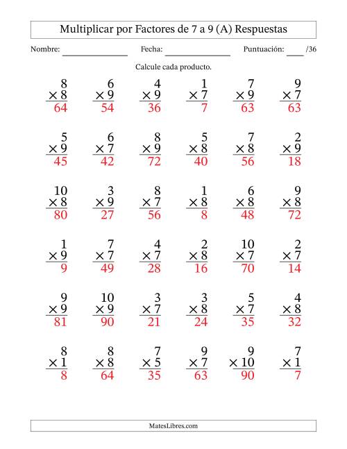 La hoja de ejercicios de Multiplicar (Factores de 1 a 10) por Factores de 7 a 9 (36 Preguntas) (A) Página 2