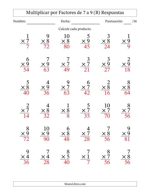 La hoja de ejercicios de Multiplicar (Factores de 1 a 10) por Factores de 7 a 9 (36 Preguntas) (B) Página 2
