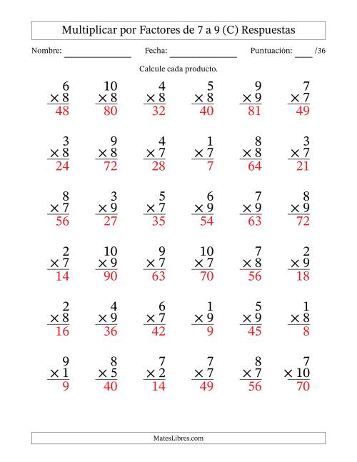 La hoja de ejercicios de Multiplicar (Factores de 1 a 10) por Factores de 7 a 9 (36 Preguntas) (C) Página 2