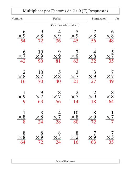 La hoja de ejercicios de Multiplicar (Factores de 1 a 10) por Factores de 7 a 9 (36 Preguntas) (F) Página 2
