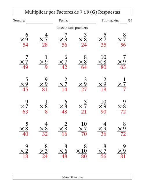 La hoja de ejercicios de Multiplicar (Factores de 1 a 10) por Factores de 7 a 9 (36 Preguntas) (G) Página 2
