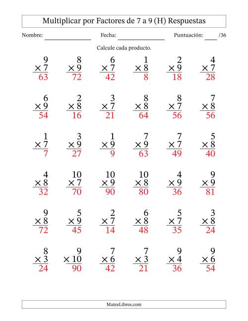 La hoja de ejercicios de Multiplicar (Factores de 1 a 10) por Factores de 7 a 9 (36 Preguntas) (H) Página 2