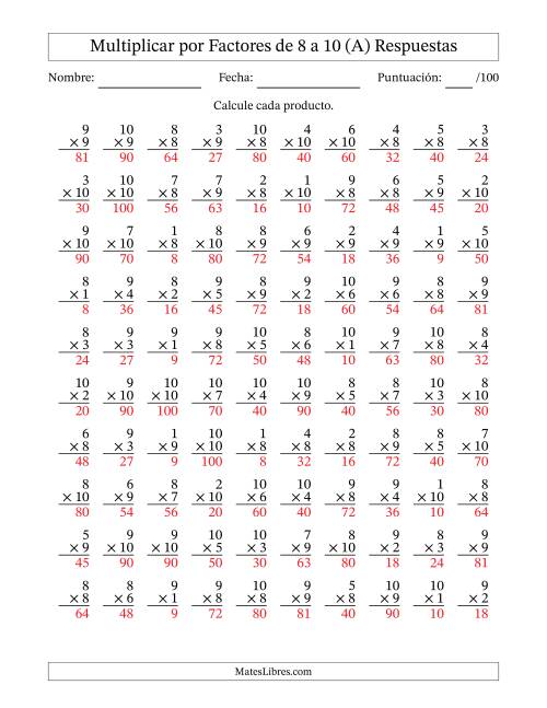 La hoja de ejercicios de Multiplicar (Factores de 1 a 10) por Factores de 8 a 10 (100 Preguntas) (A) Página 2