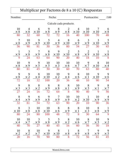 La hoja de ejercicios de Multiplicar (Factores de 1 a 10) por Factores de 8 a 10 (100 Preguntas) (C) Página 2