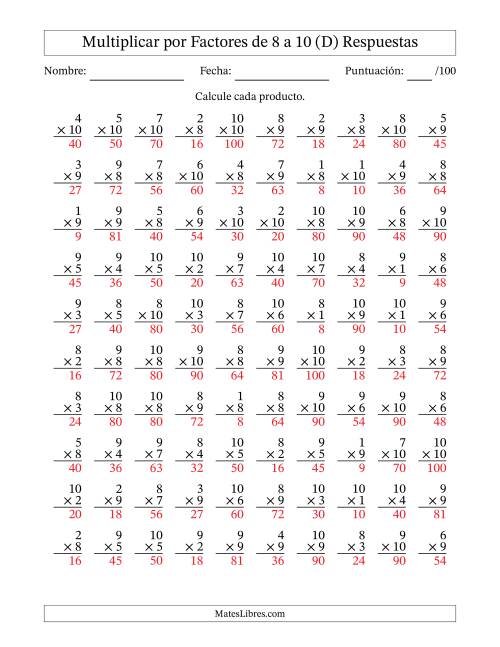 La hoja de ejercicios de Multiplicar (Factores de 1 a 10) por Factores de 8 a 10 (100 Preguntas) (D) Página 2