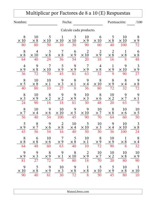 La hoja de ejercicios de Multiplicar (Factores de 1 a 10) por Factores de 8 a 10 (100 Preguntas) (E) Página 2