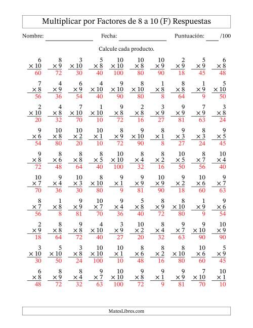 La hoja de ejercicios de Multiplicar (Factores de 1 a 10) por Factores de 8 a 10 (100 Preguntas) (F) Página 2