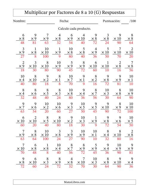 La hoja de ejercicios de Multiplicar (Factores de 1 a 10) por Factores de 8 a 10 (100 Preguntas) (G) Página 2