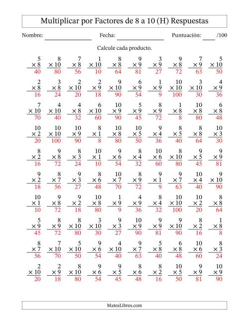 La hoja de ejercicios de Multiplicar (Factores de 1 a 10) por Factores de 8 a 10 (100 Preguntas) (H) Página 2