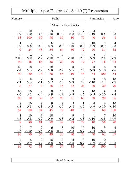 La hoja de ejercicios de Multiplicar (Factores de 1 a 10) por Factores de 8 a 10 (100 Preguntas) (I) Página 2