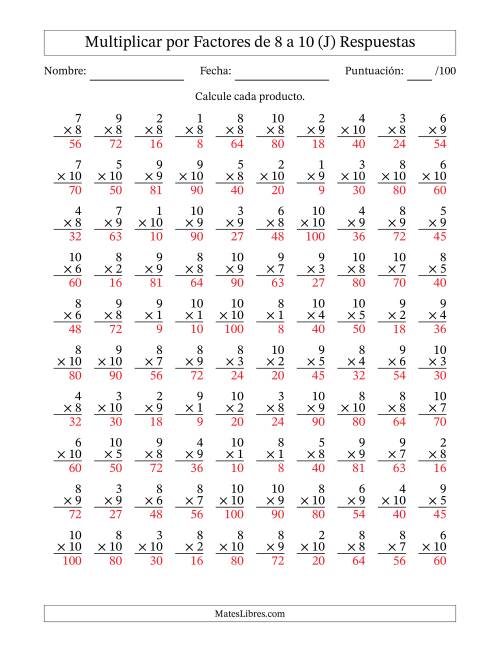 La hoja de ejercicios de Multiplicar (Factores de 1 a 10) por Factores de 8 a 10 (100 Preguntas) (J) Página 2