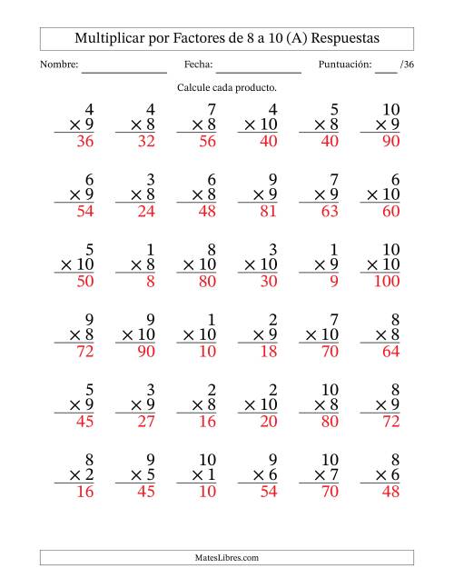 La hoja de ejercicios de Multiplicar (Factores de 1 a 10) por Factores de 8 a 10 (36 Preguntas) (A) Página 2