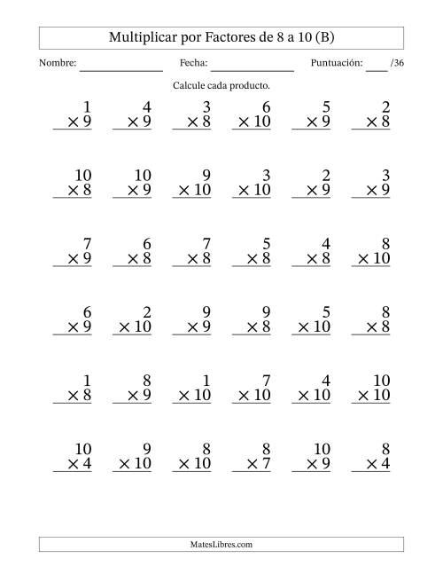 La hoja de ejercicios de Multiplicar (Factores de 1 a 10) por Factores de 8 a 10 (36 Preguntas) (B)