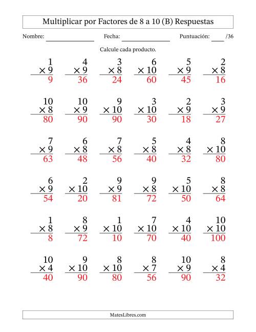 La hoja de ejercicios de Multiplicar (Factores de 1 a 10) por Factores de 8 a 10 (36 Preguntas) (B) Página 2