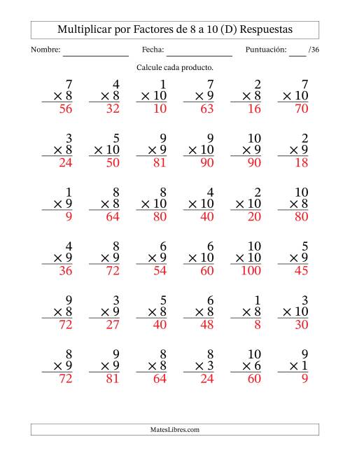 La hoja de ejercicios de Multiplicar (Factores de 1 a 10) por Factores de 8 a 10 (36 Preguntas) (D) Página 2