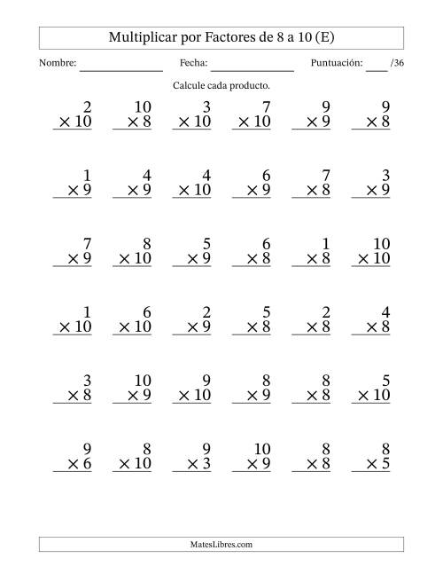 La hoja de ejercicios de Multiplicar (Factores de 1 a 10) por Factores de 8 a 10 (36 Preguntas) (E)
