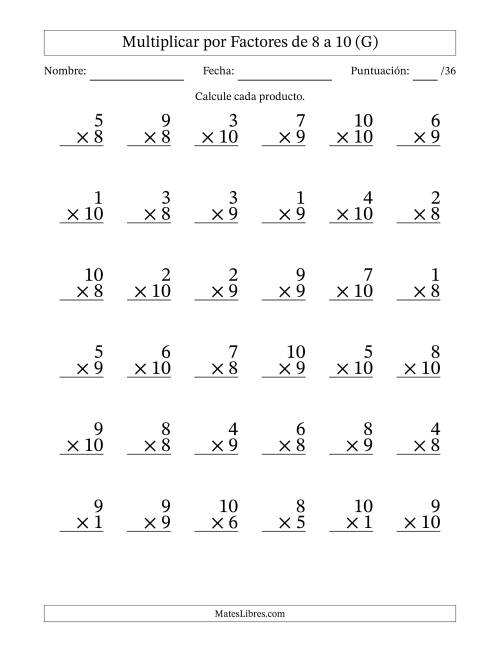 La hoja de ejercicios de Multiplicar (Factores de 1 a 10) por Factores de 8 a 10 (36 Preguntas) (G)