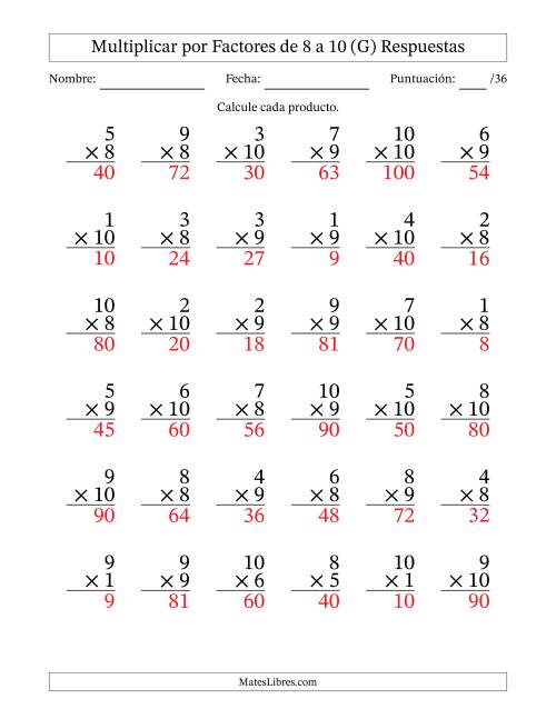 La hoja de ejercicios de Multiplicar (Factores de 1 a 10) por Factores de 8 a 10 (36 Preguntas) (G) Página 2