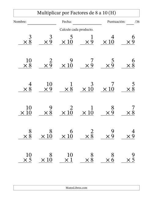 La hoja de ejercicios de Multiplicar (Factores de 1 a 10) por Factores de 8 a 10 (36 Preguntas) (H)