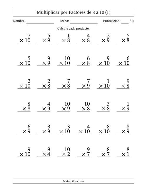 La hoja de ejercicios de Multiplicar (Factores de 1 a 10) por Factores de 8 a 10 (36 Preguntas) (I)
