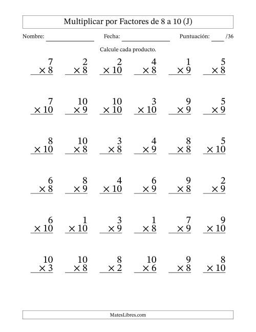 La hoja de ejercicios de Multiplicar (Factores de 1 a 10) por Factores de 8 a 10 (36 Preguntas) (J)
