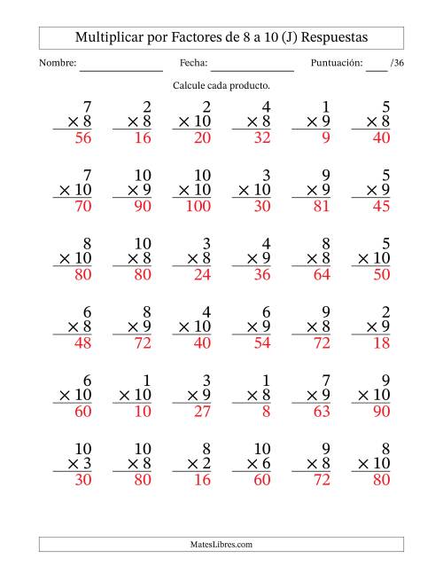 La hoja de ejercicios de Multiplicar (Factores de 1 a 10) por Factores de 8 a 10 (36 Preguntas) (J) Página 2