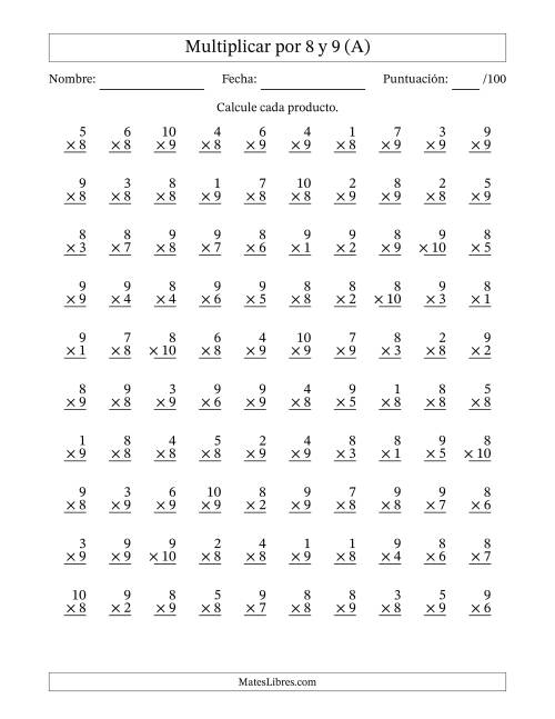 La hoja de ejercicios de Multiplicar (Factores de 1 a 10) por 8 y 9 (100 Preguntas) (A)