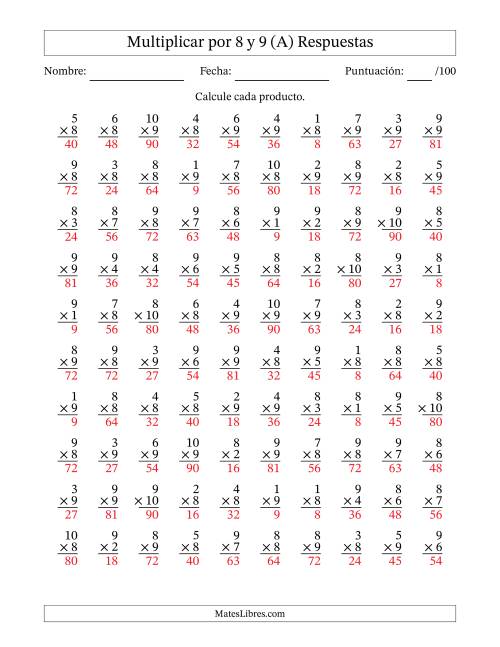La hoja de ejercicios de Multiplicar (Factores de 1 a 10) por 8 y 9 (100 Preguntas) (A) Página 2