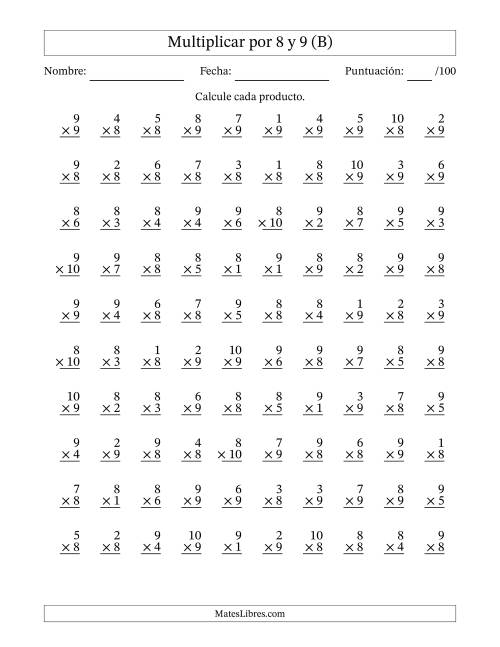 La hoja de ejercicios de Multiplicar (Factores de 1 a 10) por 8 y 9 (100 Preguntas) (B)