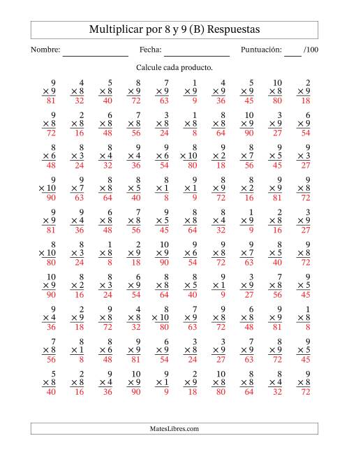 La hoja de ejercicios de Multiplicar (Factores de 1 a 10) por 8 y 9 (100 Preguntas) (B) Página 2