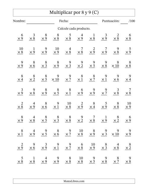 La hoja de ejercicios de Multiplicar (Factores de 1 a 10) por 8 y 9 (100 Preguntas) (C)