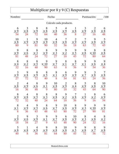 La hoja de ejercicios de Multiplicar (Factores de 1 a 10) por 8 y 9 (100 Preguntas) (C) Página 2