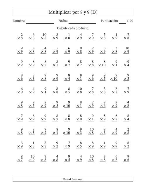 La hoja de ejercicios de Multiplicar (Factores de 1 a 10) por 8 y 9 (100 Preguntas) (D)