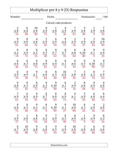 La hoja de ejercicios de Multiplicar (Factores de 1 a 10) por 8 y 9 (100 Preguntas) (D) Página 2