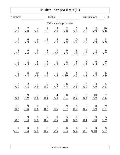 La hoja de ejercicios de Multiplicar (Factores de 1 a 10) por 8 y 9 (100 Preguntas) (E)