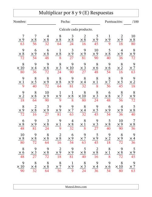 La hoja de ejercicios de Multiplicar (Factores de 1 a 10) por 8 y 9 (100 Preguntas) (E) Página 2