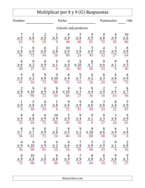 La hoja de ejercicios de Multiplicar (Factores de 1 a 10) por 8 y 9 (100 Preguntas) (G) Página 2