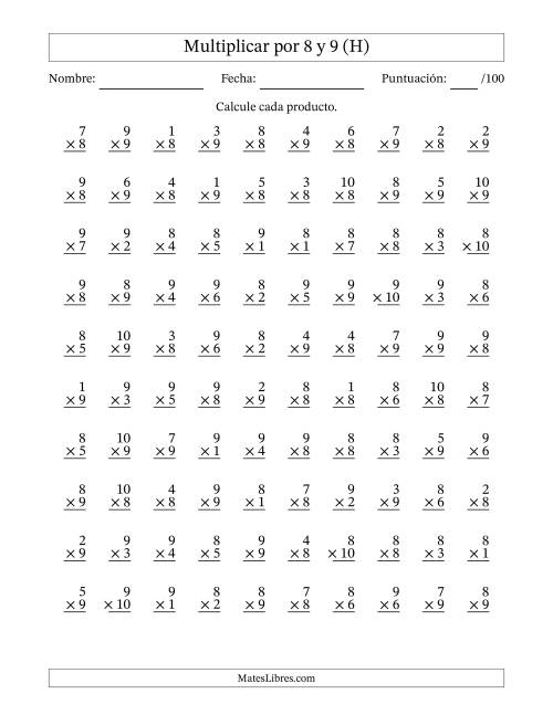 La hoja de ejercicios de Multiplicar (Factores de 1 a 10) por 8 y 9 (100 Preguntas) (H)