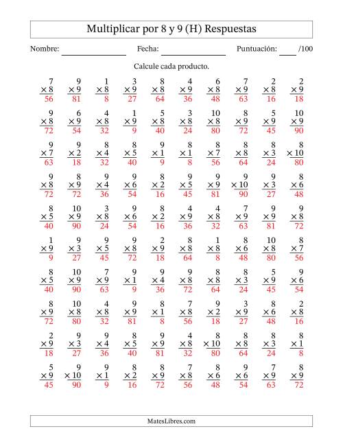 La hoja de ejercicios de Multiplicar (Factores de 1 a 10) por 8 y 9 (100 Preguntas) (H) Página 2
