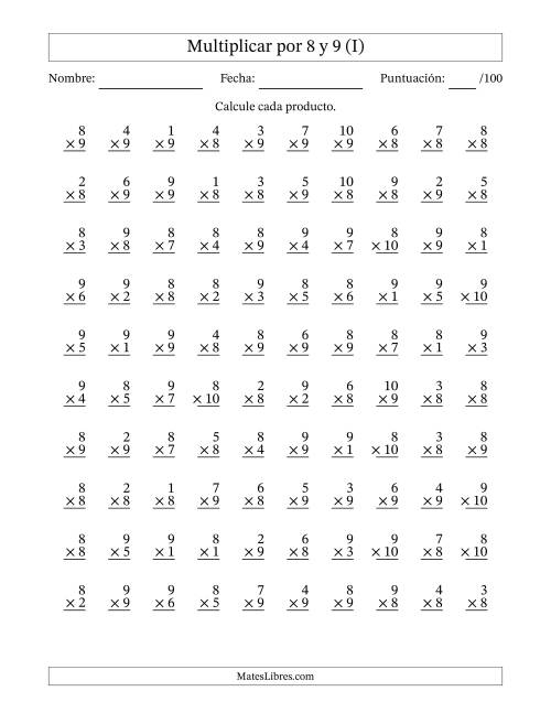 La hoja de ejercicios de Multiplicar (Factores de 1 a 10) por 8 y 9 (100 Preguntas) (I)