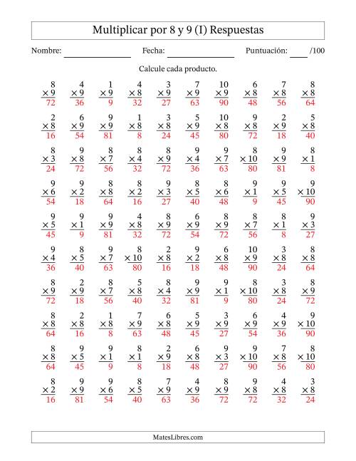 La hoja de ejercicios de Multiplicar (Factores de 1 a 10) por 8 y 9 (100 Preguntas) (I) Página 2