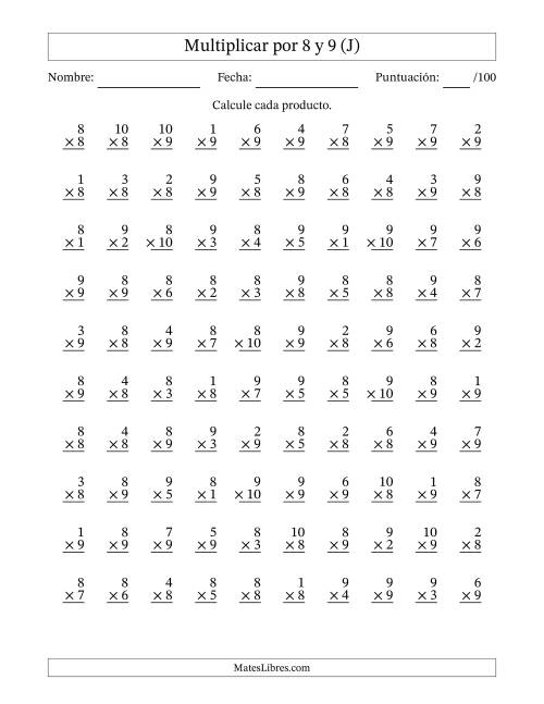 La hoja de ejercicios de Multiplicar (Factores de 1 a 10) por 8 y 9 (100 Preguntas) (J)