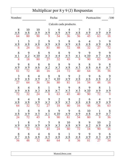 La hoja de ejercicios de Multiplicar (Factores de 1 a 10) por 8 y 9 (100 Preguntas) (J) Página 2