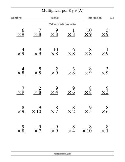 La hoja de ejercicios de Multiplicar (Factores de 1 a 10) por 8 y 9 (36 Preguntas) (A)