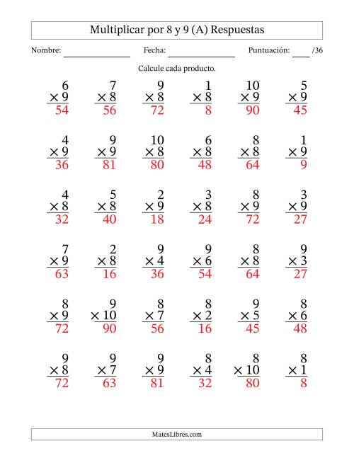 La hoja de ejercicios de Multiplicar (Factores de 1 a 10) por 8 y 9 (36 Preguntas) (A) Página 2
