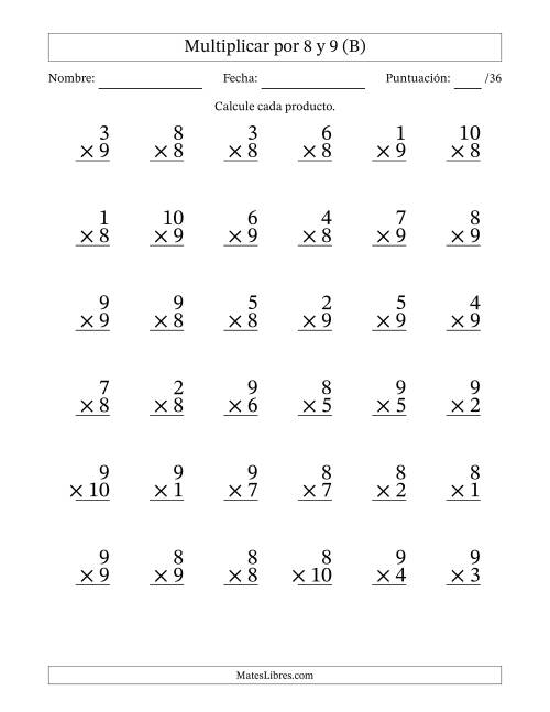 La hoja de ejercicios de Multiplicar (Factores de 1 a 10) por 8 y 9 (36 Preguntas) (B)