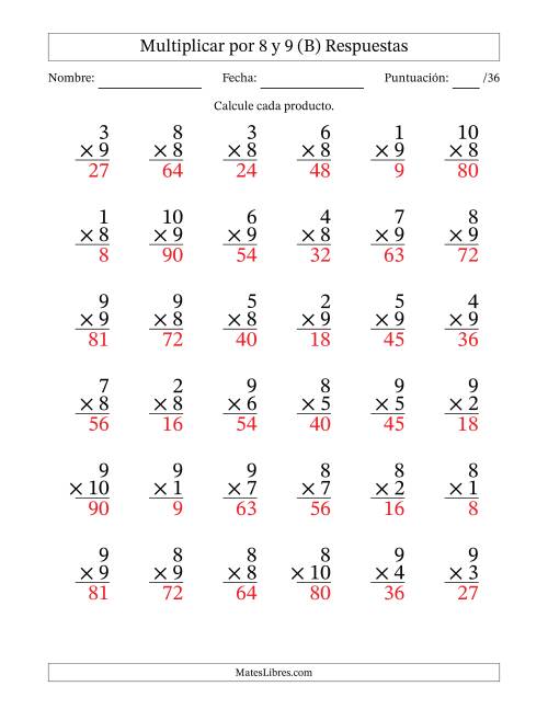 La hoja de ejercicios de Multiplicar (Factores de 1 a 10) por 8 y 9 (36 Preguntas) (B) Página 2