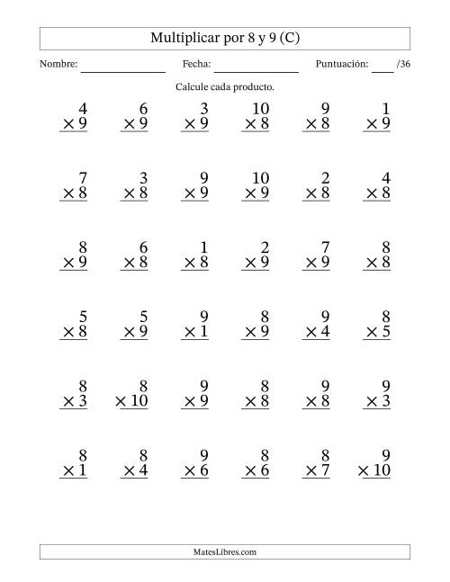 La hoja de ejercicios de Multiplicar (Factores de 1 a 10) por 8 y 9 (36 Preguntas) (C)