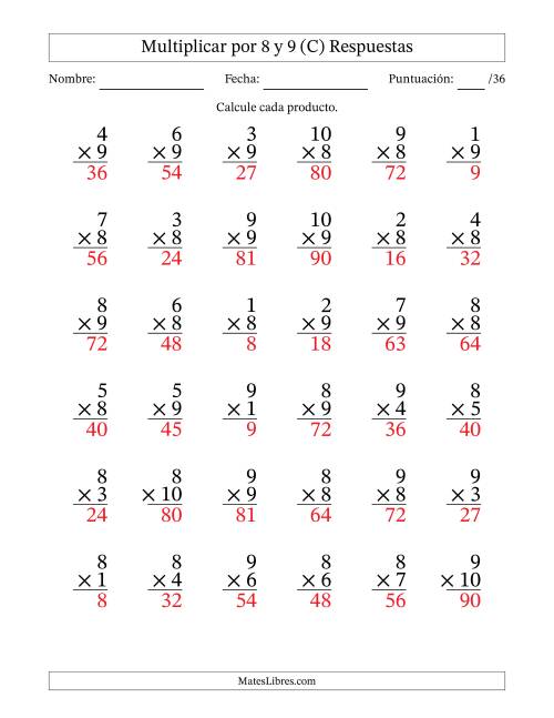 La hoja de ejercicios de Multiplicar (Factores de 1 a 10) por 8 y 9 (36 Preguntas) (C) Página 2